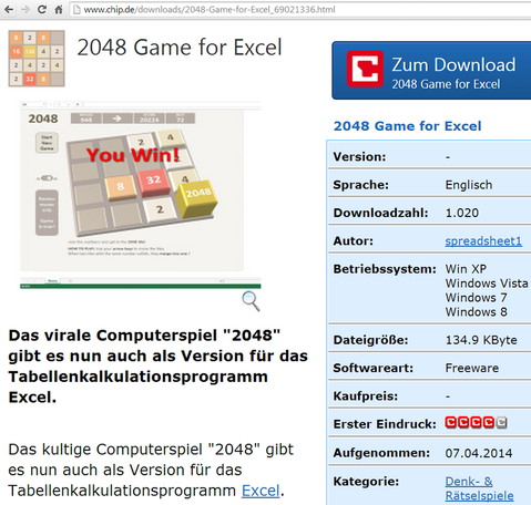Das virale Computerspiel 2048 gibt es nun auch als Version für das  Tabellenkalkulationsprogramm Excel