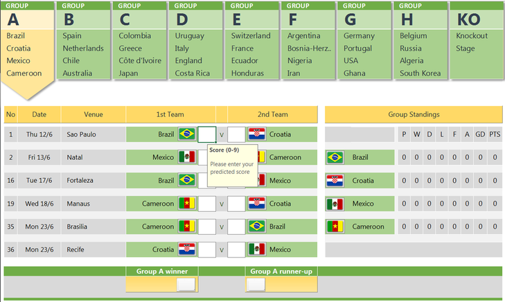 FIFA World cup 2014 free prediction template in Excel