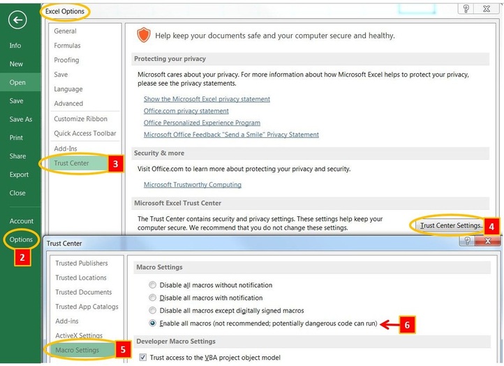 Excel Options - Trust Center