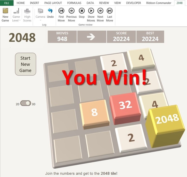 2048 game version for Excel