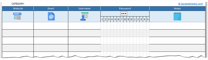Printable password tracker Excel template