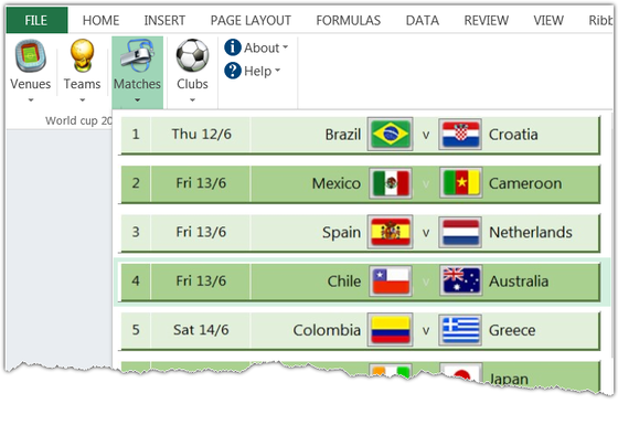 FIFA World cup 2014 match schedule in a Ribbon menu shown in Excel 2013
